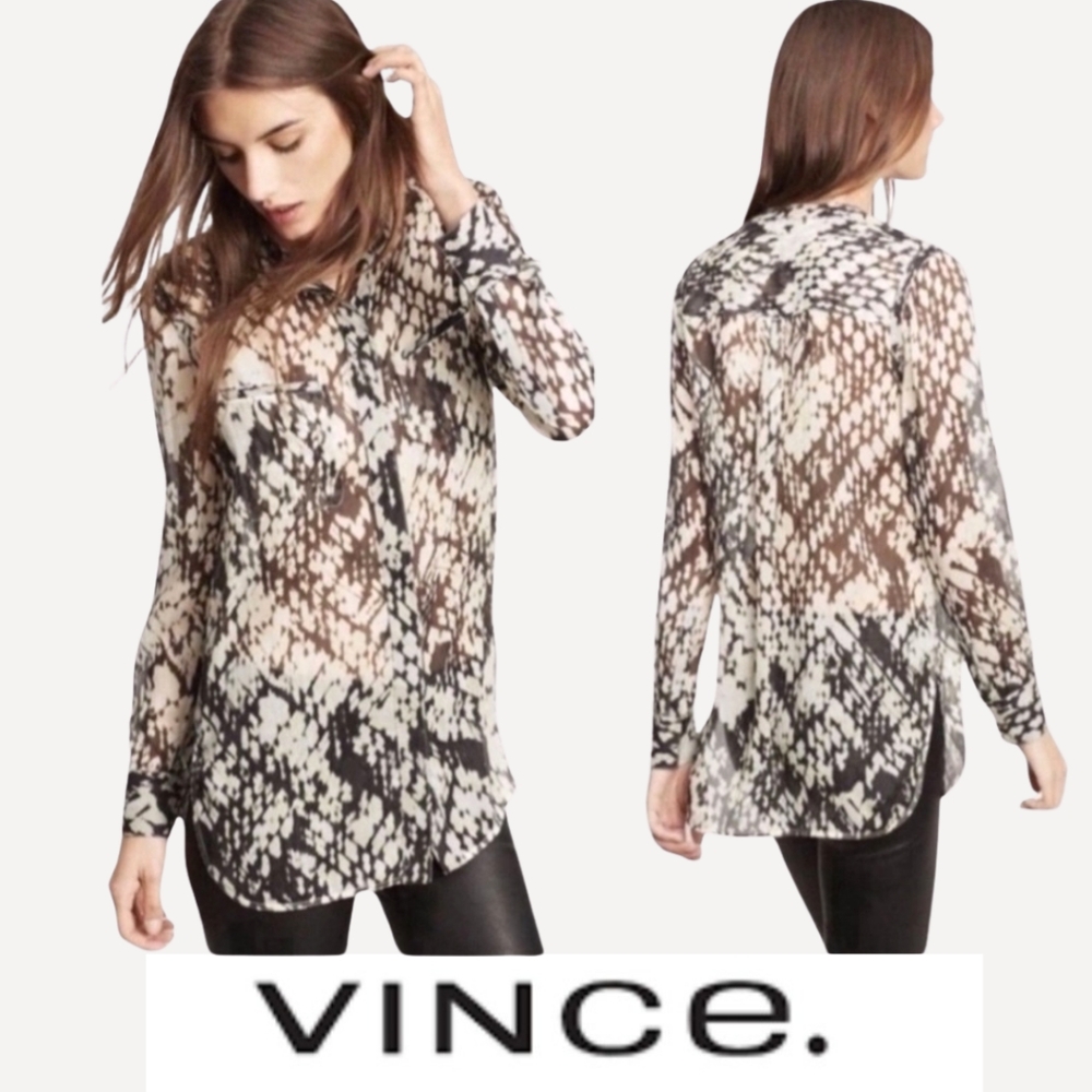 Vince Basket Weave Silk Long Sleeve Button Down Abstract Print Sheer Blouse Sz4
